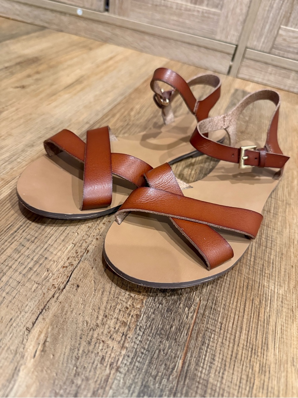 J. Crew Brown Leather Crisscross Ankle Strap Sandals - Picture 2 of 8